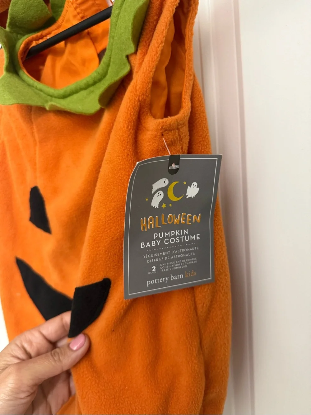 Pottery Barn Kids Orange Pumpkin Jack-O'-Lantern Costume with Green Leaf Trim - Picture 2 of 5